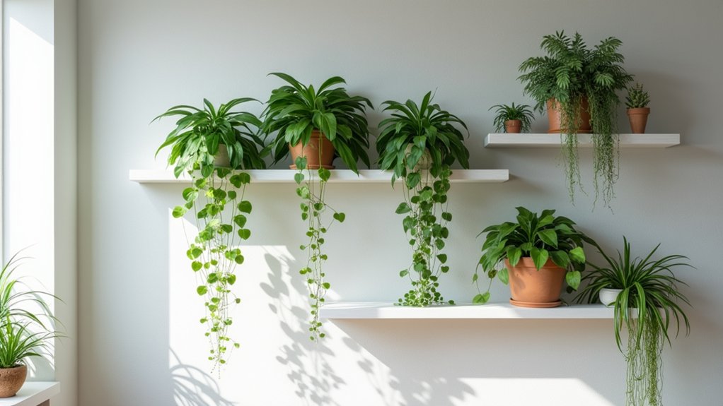 cascading plants on shelves