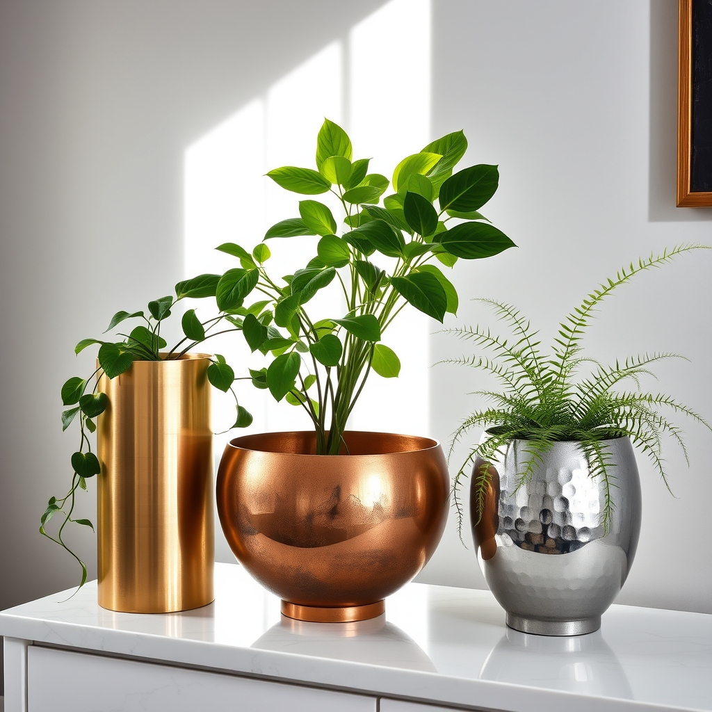 diverse metal planter arrangements