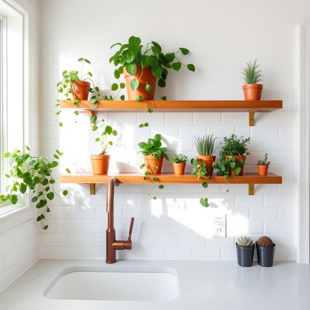 plant filled shelves above sink
