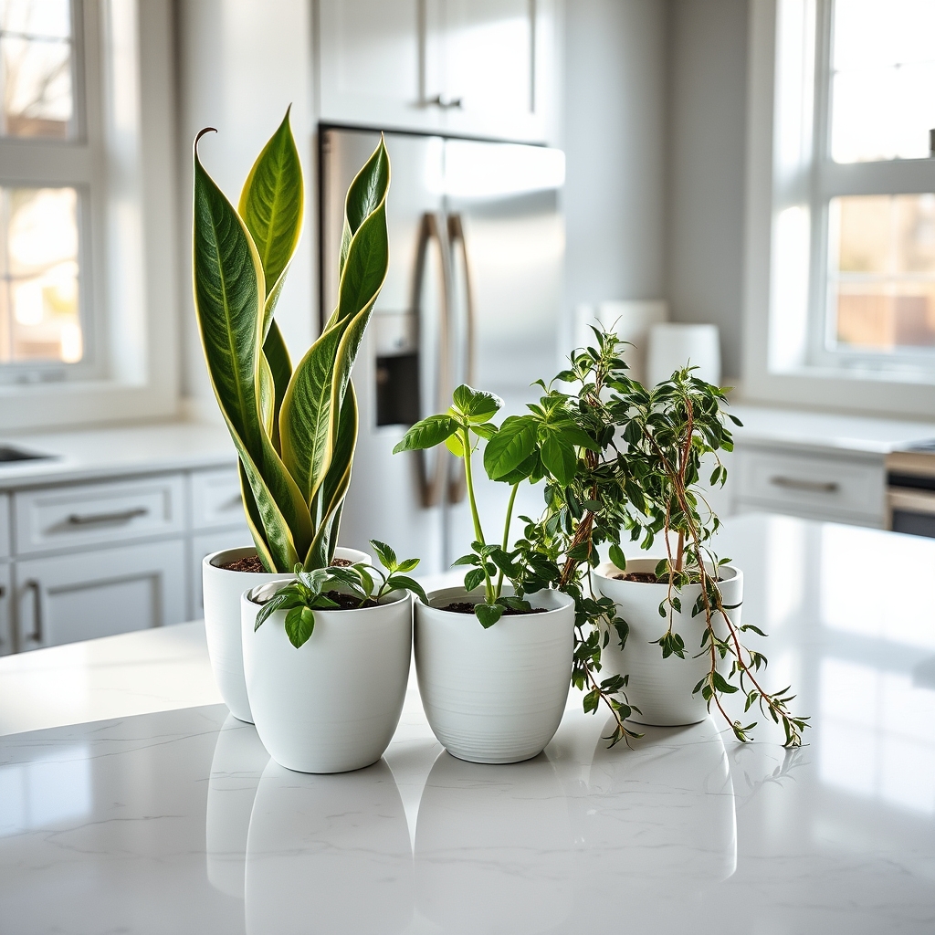 potted greenery kitchen island