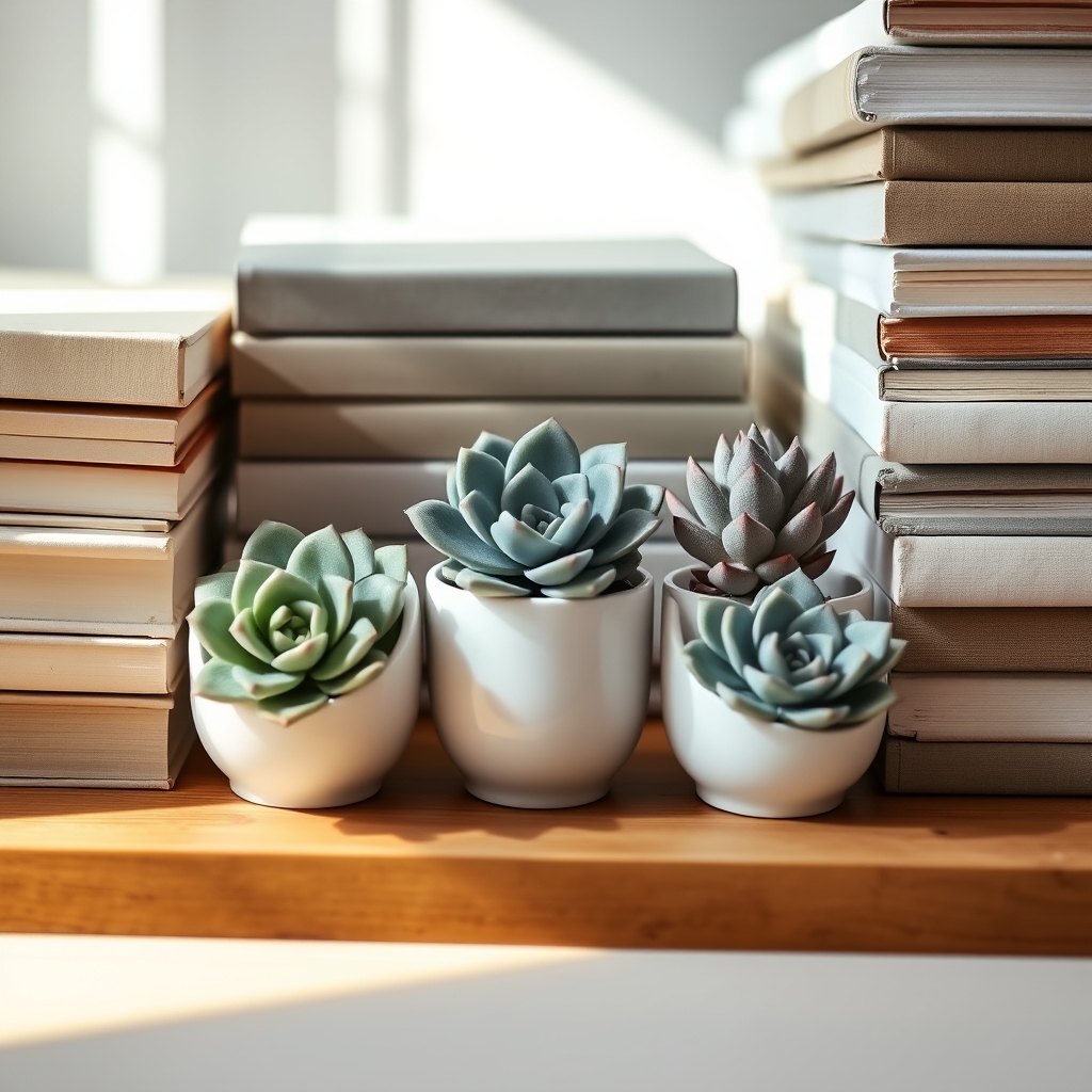 succulents nestled among books