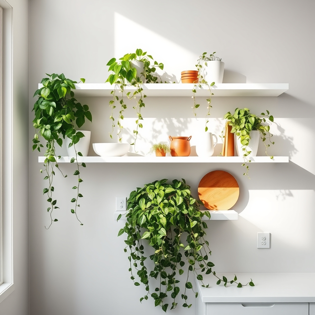 trailing plants on shelves