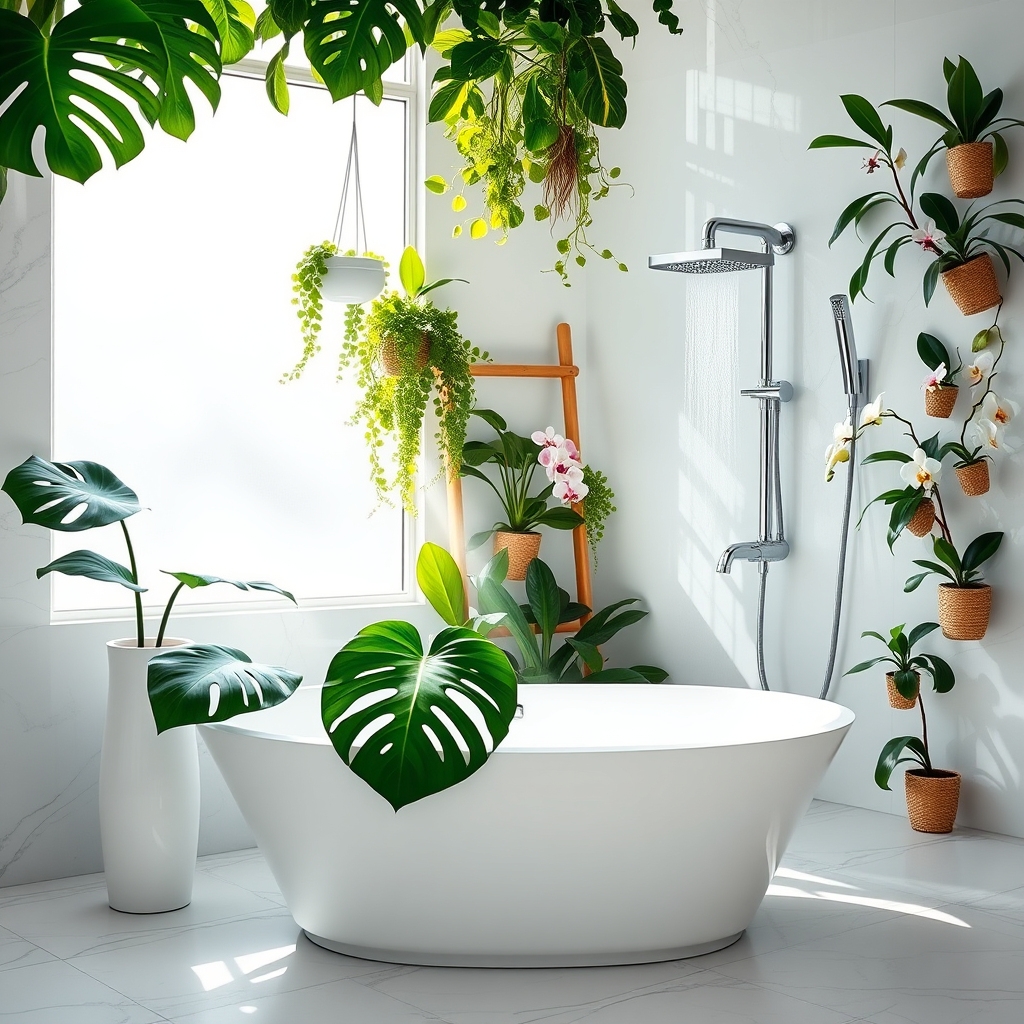tropical plants bathroom retreat