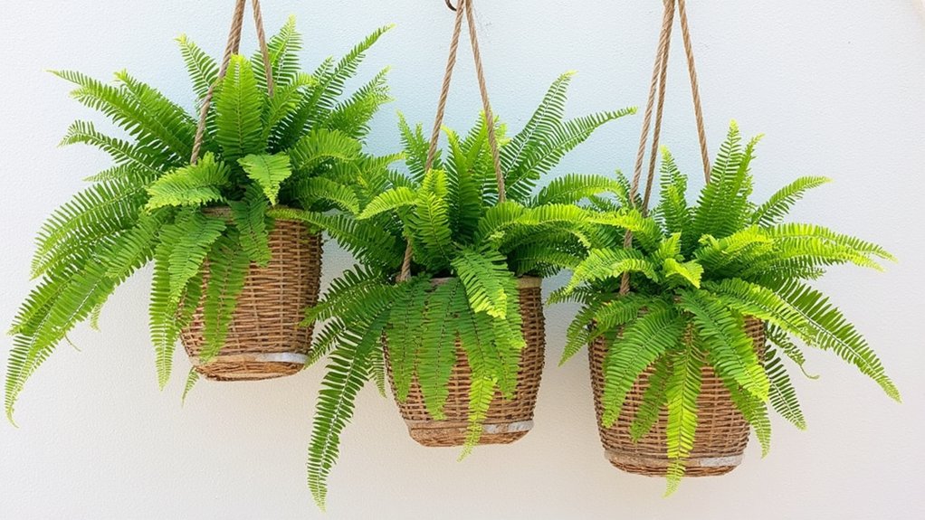 lush ferns in baskets