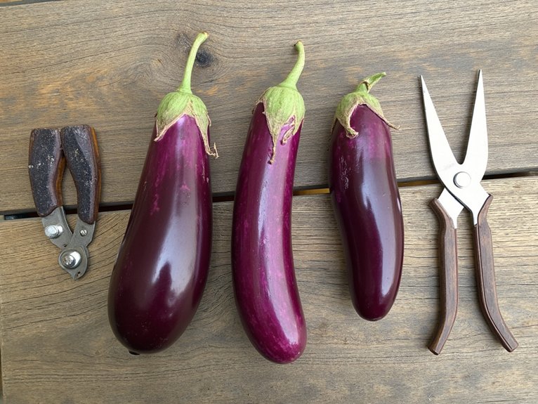 harvesting eggplants at maturity